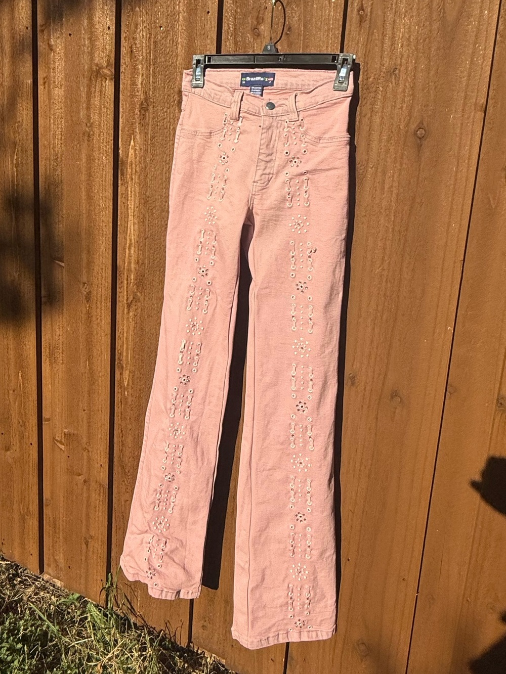 Pink Embroidered Flare Jeans